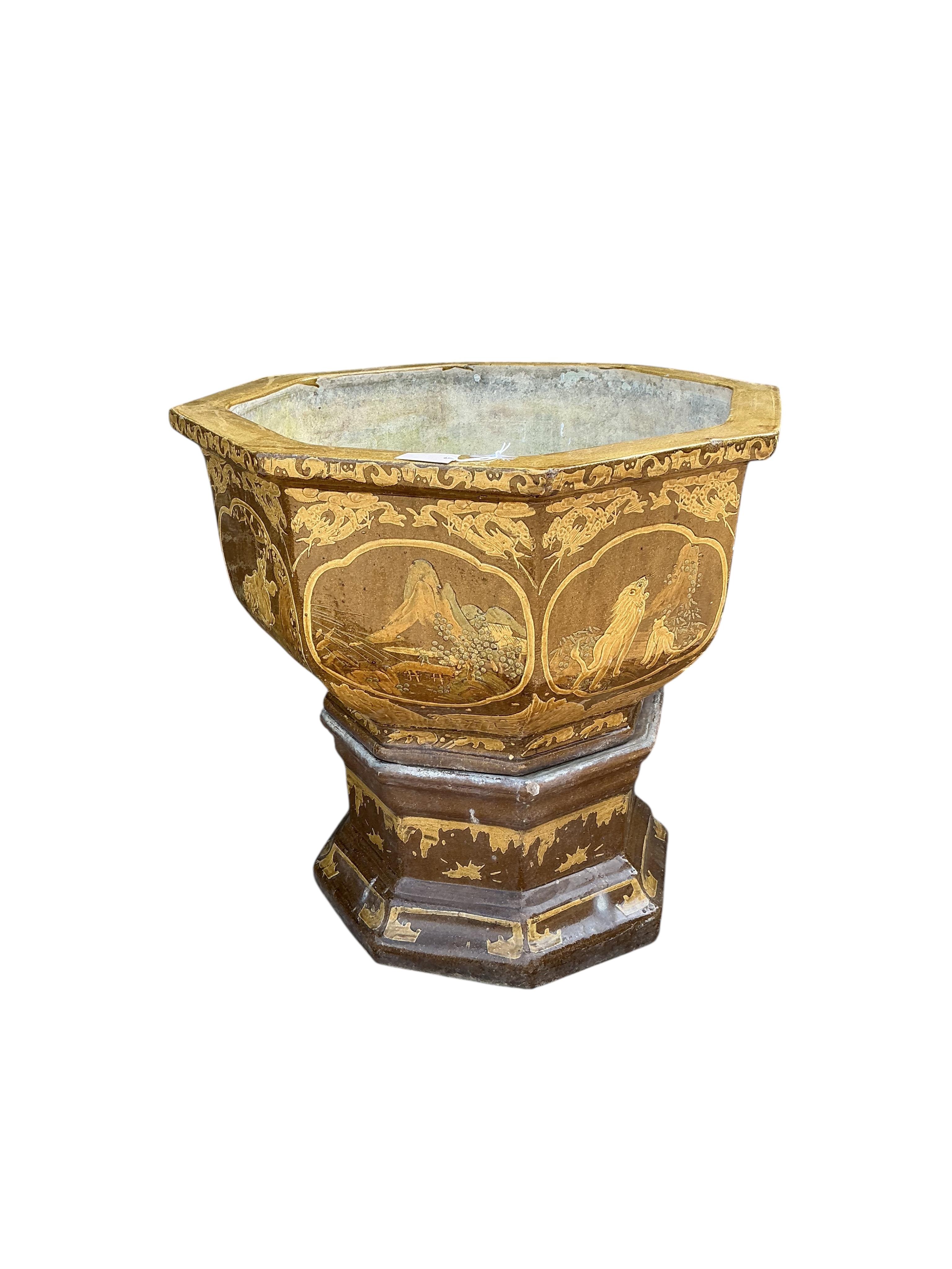 A large Chinese octagonal earthenware garden planter, width 86cm, height 85cm